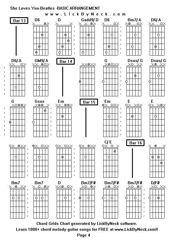 Chord Grids Chart of chord melody fingerstyle guitar song-She Loves You-Beatles -BASIC ARRANGEMENT,generated by LickByNeck software.